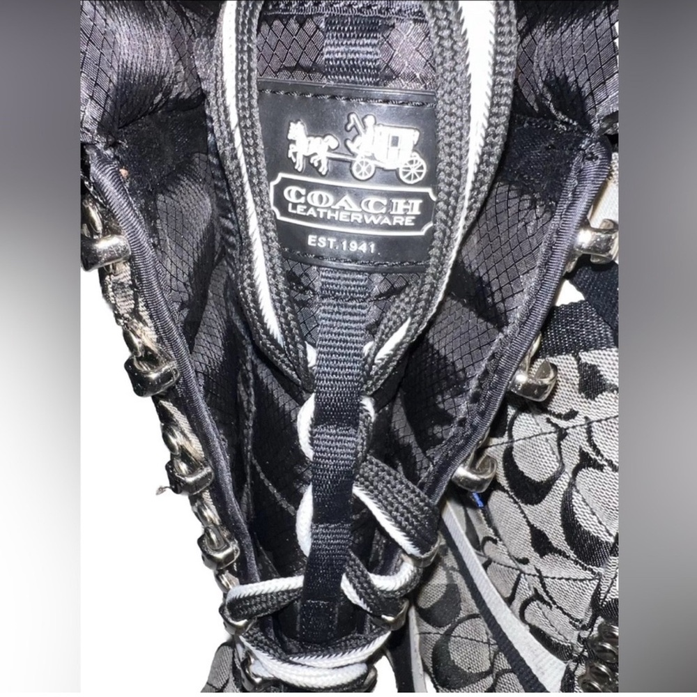 COACH Marian Lace Up Monogram Logo Insulated Mid Calf Boot Size 10 Black Cream - Picture 7 of 8